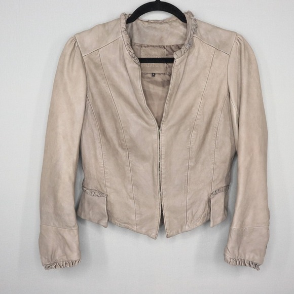 Kate Moss x Topshop Jacket Womens Sz 8 Gray Leather Cropped Moto Ruffled Lining